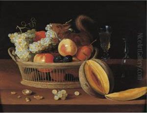 A Still Life Of A Basket Of Fruit With A Squirrel, Glasses, And A Melon On A Tabletop by Jacob Fopsen van Es