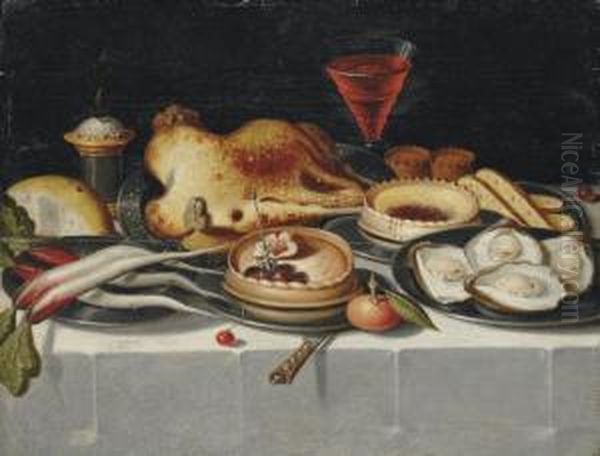Roast Fowl, A Pie, Oysters And Other Food On Silver Platters, With A Glass Of Wine On A Cloth-covered Table - view 1