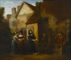 Village Scene With Prisoners In Stockade And Onlookers