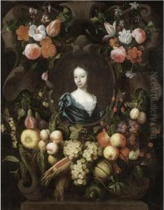 Portrait Of A Lady, Head And Shoulders, Surrounded By A Stone Cartouche And Garlands Of Fruit And Flowers by Frans Van Everbroeck