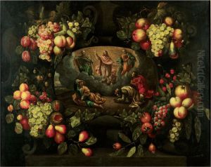 Still Life Of A Garland Of Flowers Adorning A Stone Cartouche Containing The Transfiguration