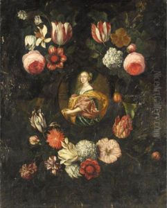 Portrait Of A Lady, Three-quarter Length, Surrounded By A Floral Garland by Frans Van Everbroeck