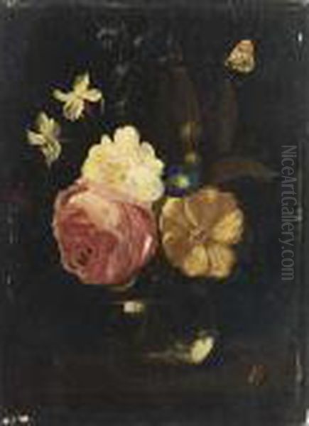 A Still Life With A Pink Rose, A White Rose, A Yellow Rose, Morning Glory, Amethyst Hyacinths In A Glass Vase, Together With An Orange Tip, Snails And A Ladybird - view 1