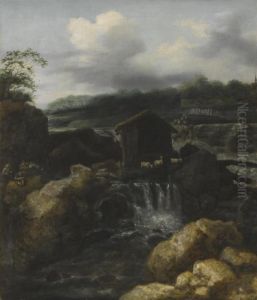 A Nordic Landscape With Herders Resting Beside A Waterfall