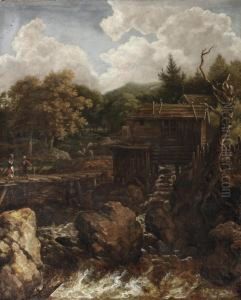 A Scandinavian Landscape With A Watermill And Figures On A Bridge by Allart Van Everdingen