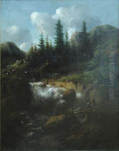 Pejzaz Z Wodospadem I Postaciami by Caesar Boetius Van Everdingen