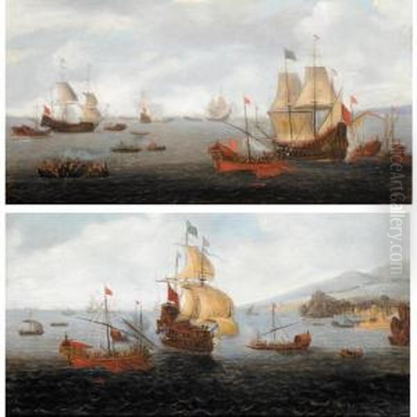 An English Frigate Flanked By Ottoman State Barges And Other Vessels Off The Shores Of A Coastal Town - view 1