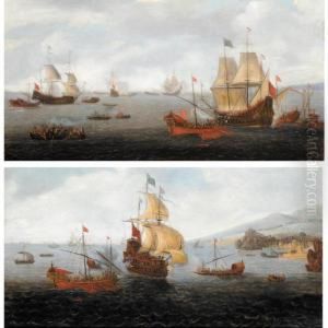 An English Frigate Flanked By Ottoman State Barges And Other Vessels Off The Shores Of A Coastal Town by Kasper or Gaspar van den Hoecke