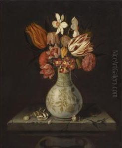Still Life With Tulips, Crocuses, Primroses And Other Flowers In A Vase On A Stone Plinth With Shells