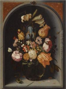A Still Life Of Tulips, Lilies, Moss Roses, An Iris And Other Flowers In A Glass Vase In A Marble Niche, With Butterflies And A Lizard