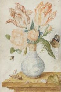 Still Life Of Tulips, Roses, A Poppy, An Anemone And Love-in-a-mist In A Wan Li Vase With Gilt Mounts, And With A Red Admiral Butterfly And Other Insects Around, All Resting On A Wooden Ledge by Jan Baptist van Fornenburgh