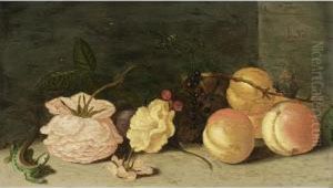 A Still Life With Peaches, Roses, Red And Black Berries, A Butterfly, A Dragonfly And A Green Lizard