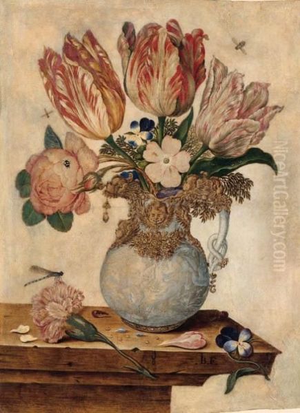 Tulips, Forget-me-nots, Peonies And Other Flowers In A Vase On Aledge - view 1