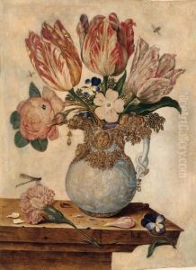 Tulips, Forget-me-nots, Peonies And Other Flowers In A Vase On Aledge by Jan Baptist van Fornenburgh