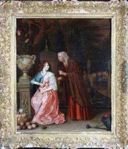 A Young Woman Cutting Fruit In A Garden Conversing With An Elderly Woman