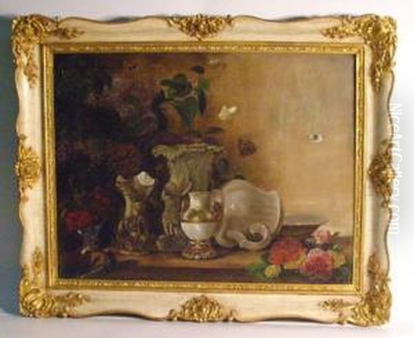 Stillelben. Auf Einem Tisch Rosen Mit Diversen Schalen. Unten Rechts Monogrammiert Und Datiert C.m.g 1869 - view 1