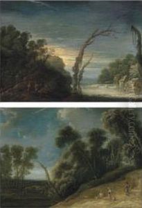 A Wooded, River Landscape With A Watermill And A Bridge by Jacob van Geel
