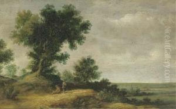 Travellers Resting In A Dune Landscape Overlooking A Panoramic View With A Church Beyond - view 1