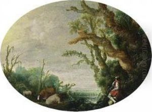 A Wooded Landscape With A Shepherd Tending His Herd At The Edge Of A Wood by Jacob van Geel