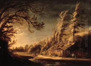 A Wooded Landscape With Peasants And A Donkey Before Acottage by Jacob van Geel