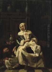 A Woman Seated In A Chair Sawing With A Child By Her Side In An Interior