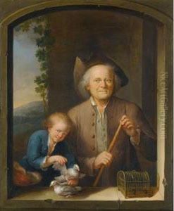 An Elderly Gentleman And A Young Boy In An Archway, Together With Two Doves And A Bird Cage