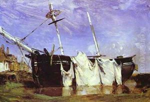 A Boat Beached In A Port At Low Tide by Richard Parkes Bonington