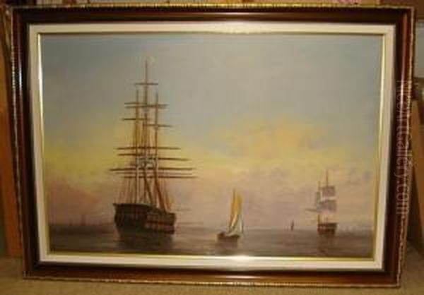 Marine Painting With Three Square Rigged Ships And Other Yachts - view 1