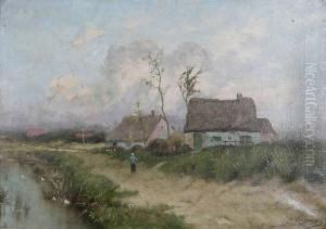 Vrouw Aan Het Water Bij Boerderijen by Joseph Van Genegen