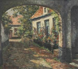 View On A Flowery Inner Court by Franz Van Genesen