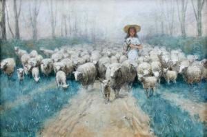 A Shepherdess With Sheep And Lambs On A Country Track by Edward Van Goethem