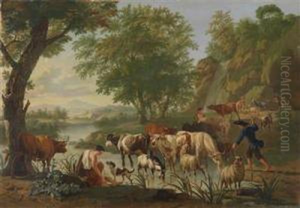 Bucolic Landscape With A Shepherd And His Flock And A Young Woman - view 1