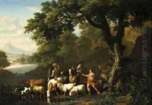 Cavalier Et Bergers Avec Leur Troupeau Devant Un Paysage De Riviere