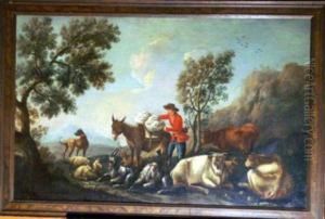 Herdsmenresting With Animals In Landscape