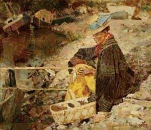 Woman Fishing By The Riverbank by Luther Emerson Van Gorder