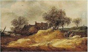 A Dune Landscape With Figures Conversing Near Cottages A Dune Landscape With Figures Conversing Near Cottages
