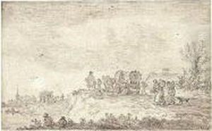 Waggons On The Way To Market, Peasant Women Carrying Flagons On Their Backs In The Foreground by A. Van Goyen