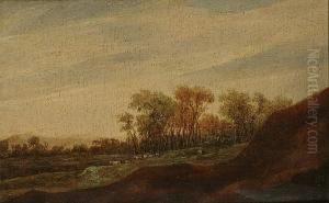 A Panoramic Landscape With Animals Grazing Before A Forest