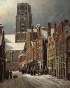 A View Of A Snow Covered Street, Rotterdam, With The St. Laurenskerk In The Distance by Franciscus Lodewijk Van Gulik
