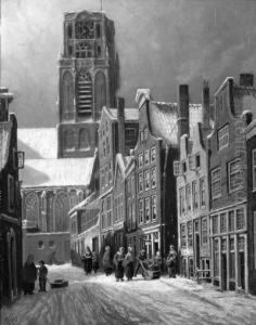 A View Of A Snow-covered Street, Rotterdam, With The St.laurenskerk In The Distance by Franciscus Lodewijk Van Gulik