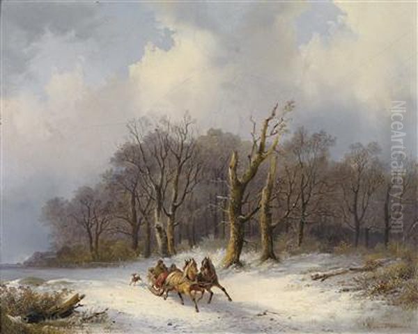 Landscape In Winter With Horse-drawn Sleigh In The Foreground - view 1