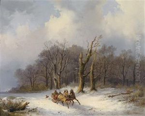 Landscape In Winter With Horse-drawn Sleigh In The Foreground