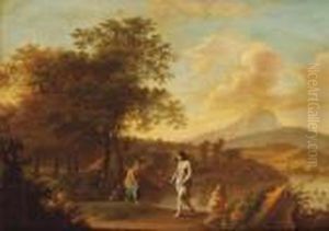 An Italianate Landscape With Nymphs Bathing by Jan van Haensbergen