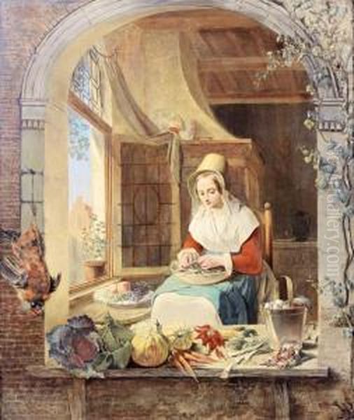 A Young Lady Shelling Peas In A Niche - view 1
