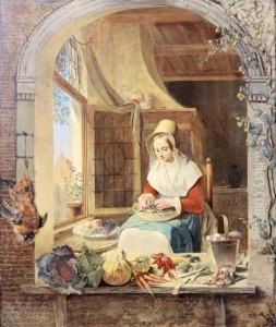 A Young Lady Shelling Peas In A Niche by Alexis van Hamme