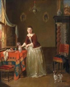 Dame Im Interieur Beim Blumengiesen by Alexis van Hamme