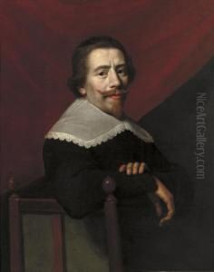 Self-portrait, Half-length, Seated In A Black Coat And Lace Collar, A Red Curtain Beyond by Jacob Van Hasselt