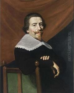 A Presumed Self-portrait, Seated Half-length, Wearing A Black Costume With White Lace Collar, On A Chair, A Red Curtain Behind by Jacob Van Hasselt