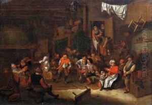 Wirtshausinterieur Mit Tanzenden Bauern. by Maarten Van Heemskerck