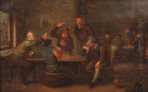 A Tavern Interior With Peasants Playing Cards by Egbert Van Heemskerck